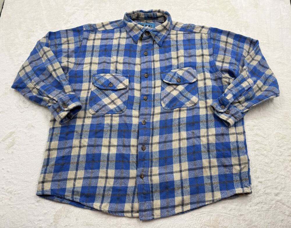 BTC Heavyweight Flannel Men’s XL Long Sleeve Blue Plaid Shirt Button Up